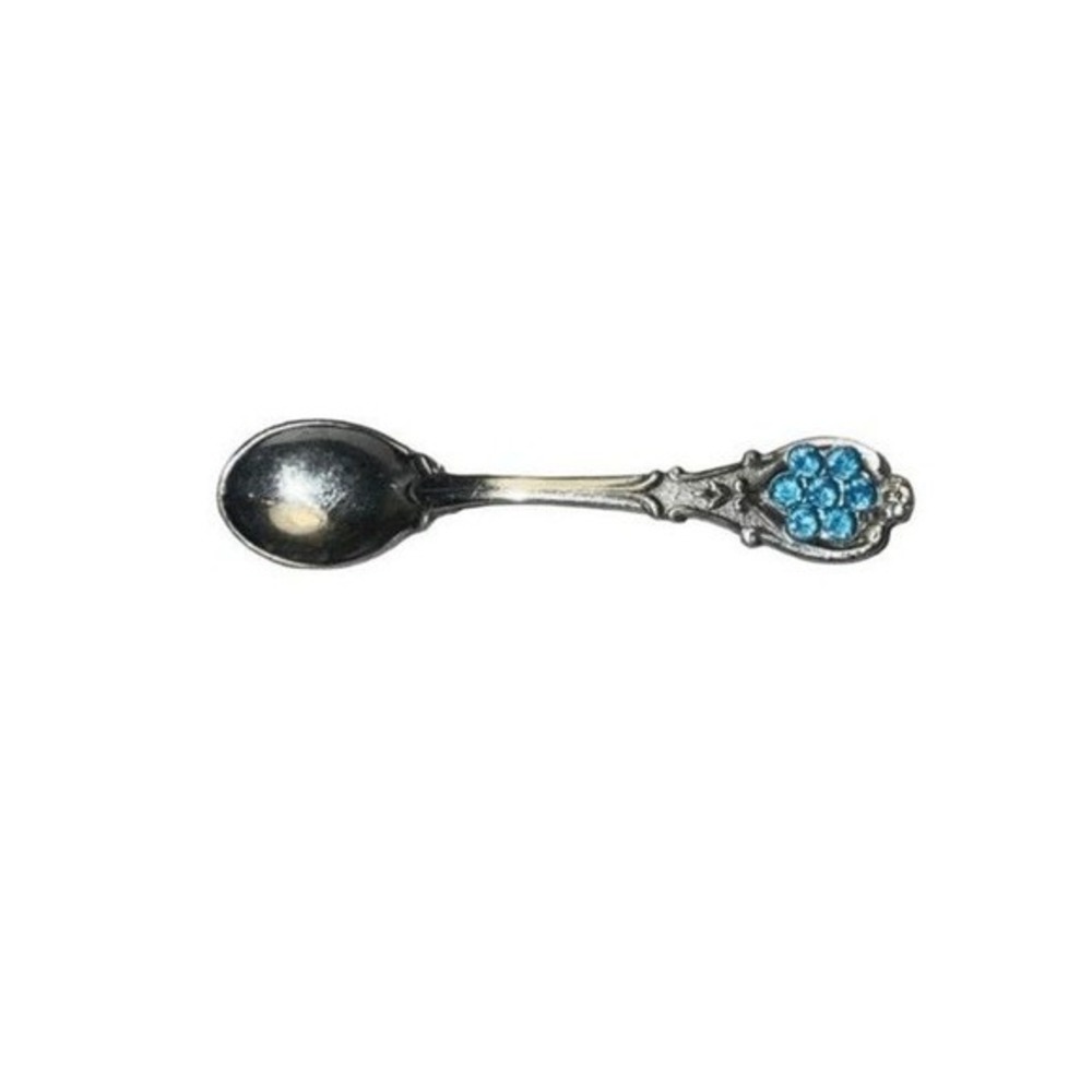 Vintage Miniature Spoon Brooch Silver Tone Metal Blue Rhinestone Crystal Pin‎